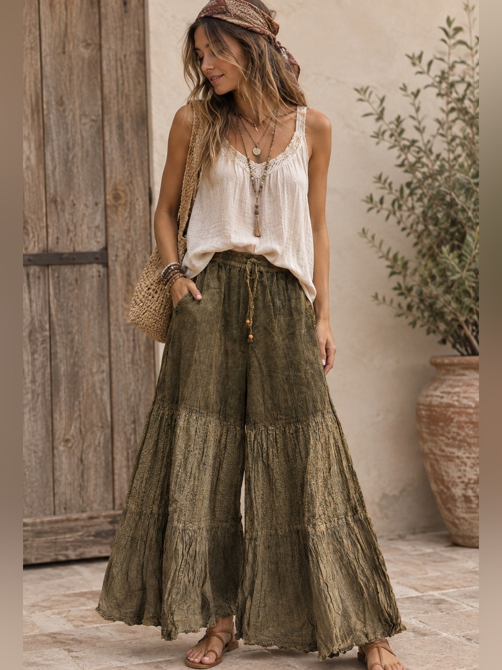 Young Threads NWT Olive Green Earthy Boho Wide Leg Pants Medium